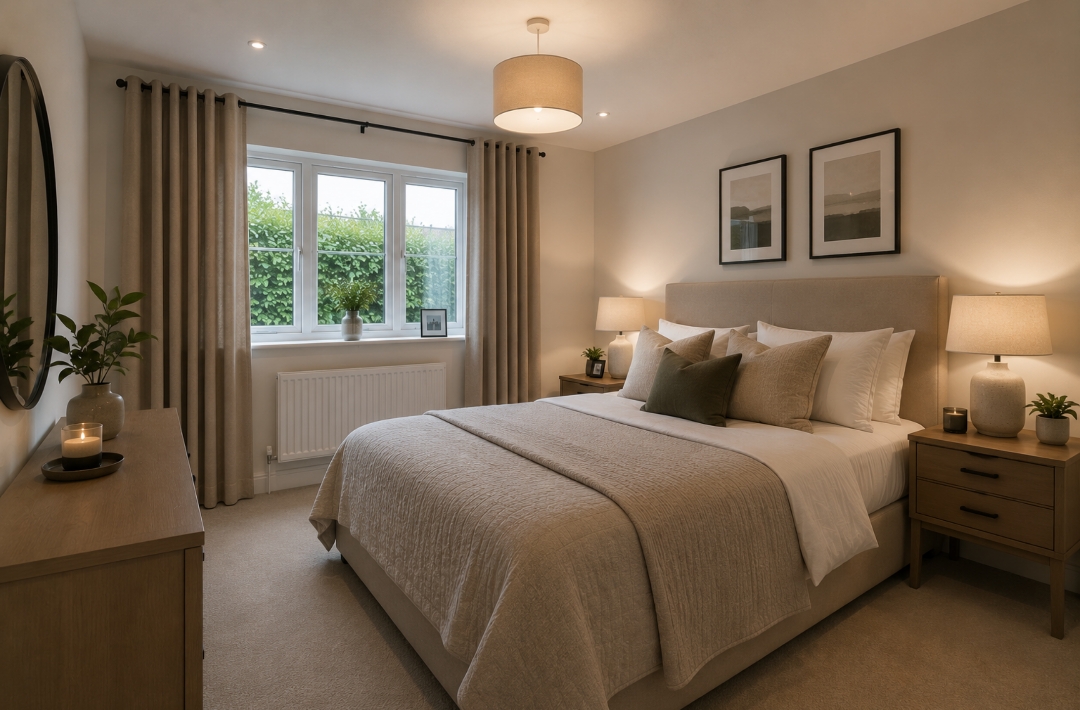Neutral bedroom concept with layered curtains and soft lighting