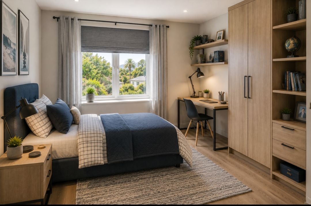 Bedroom concept with study desk and timber storage