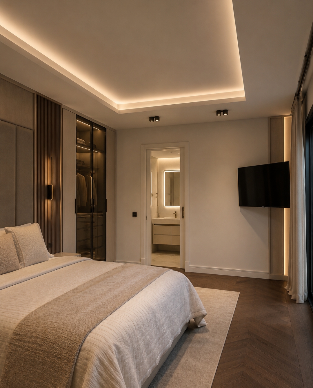 Bedroom concept with integrated wardrobe lighting and ensuite view