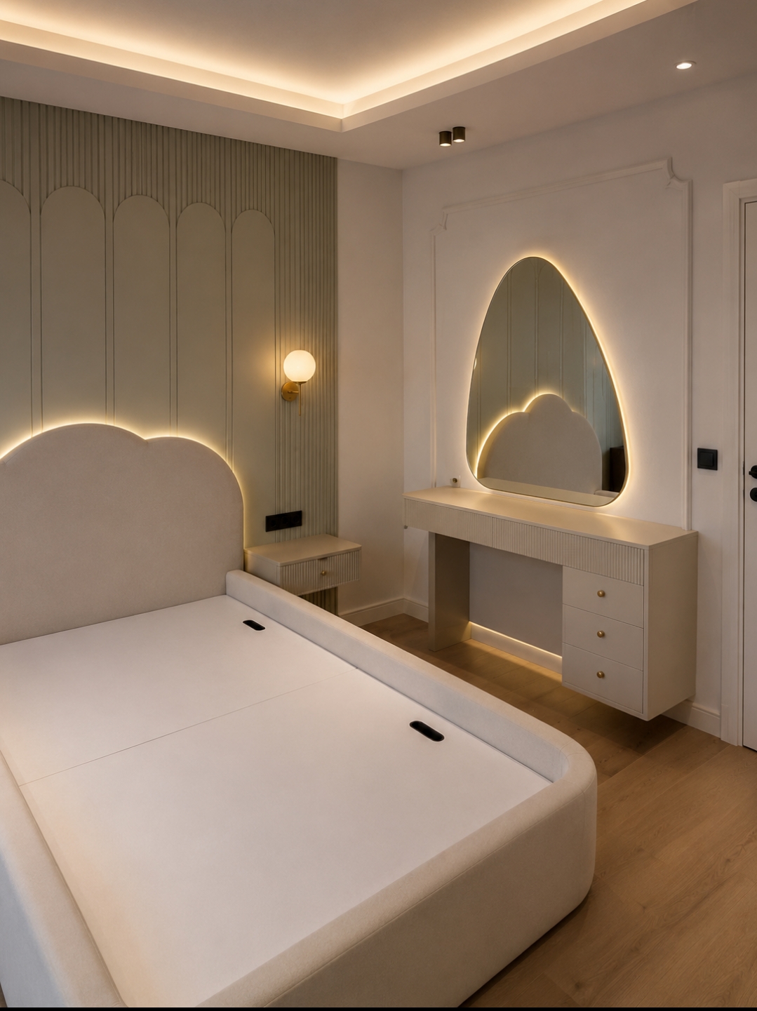 Bedroom concept with illuminated vanity and feature headboard