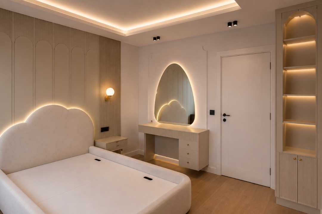 Bedroom concept with vanity desk and illuminated shelving