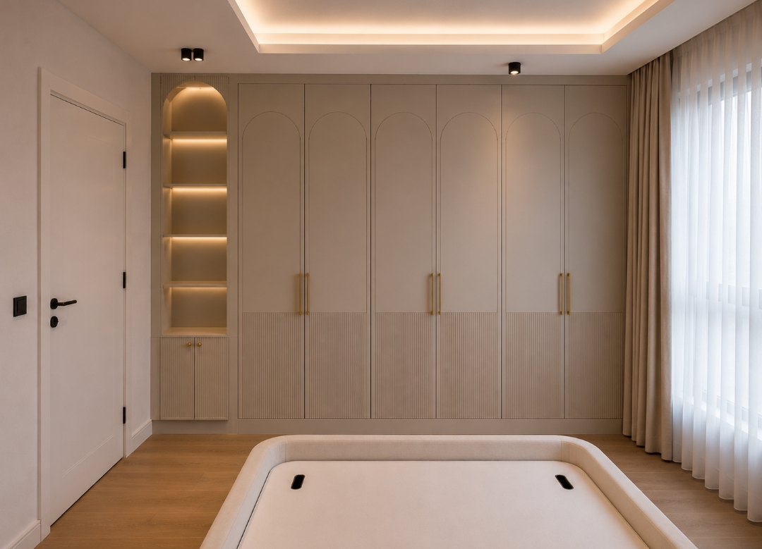 Bedroom wardrobe concept with arched cabinet detailing