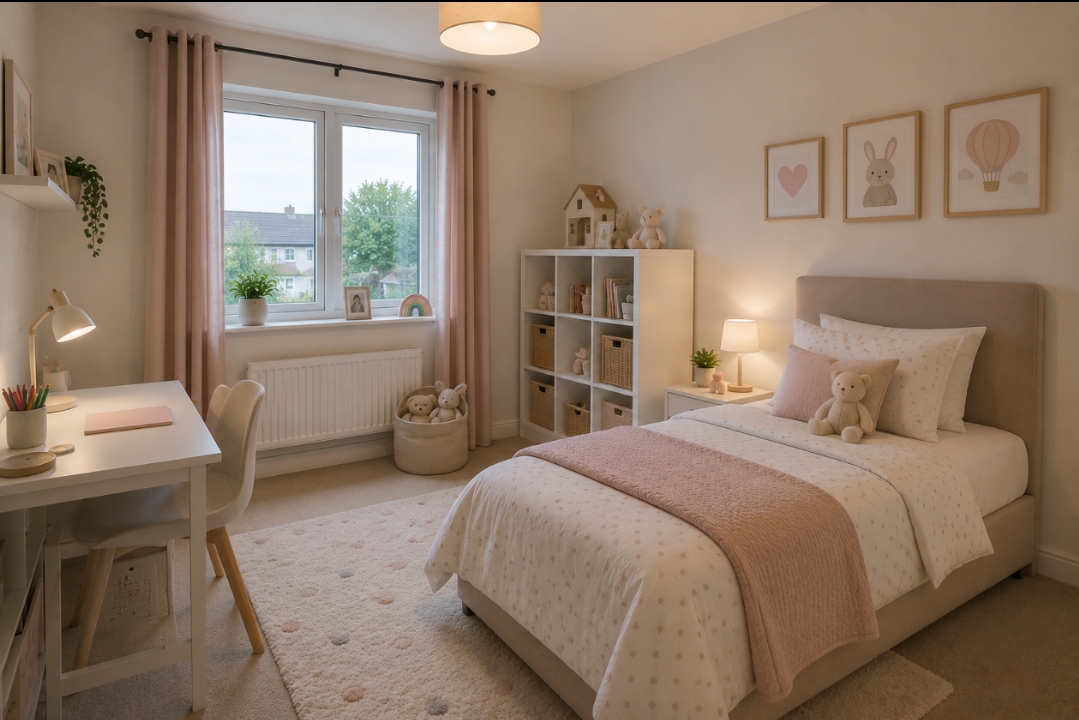 Child bedroom concept with soft pink accents and study desk