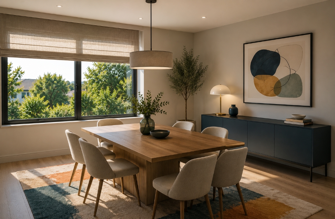 Dining room concept with timber table and picture window