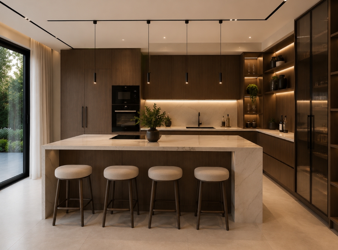 Dark timber kitchen concept with marble island