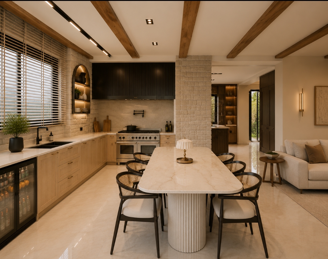 Kitchen island concept with warm timber ceiling beams