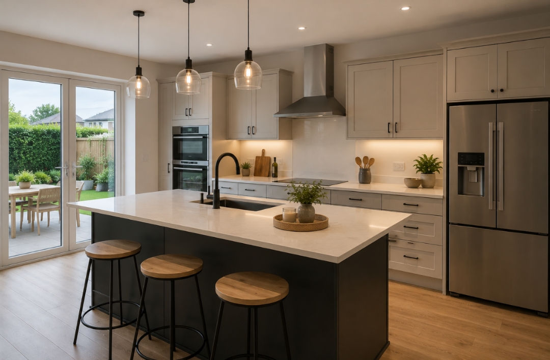 Light kitchen concept with island and garden access