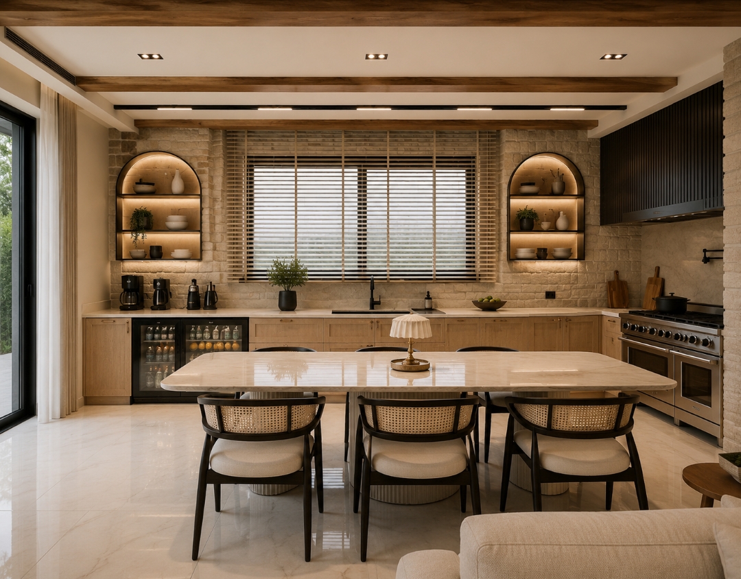 Stone and timber kitchen concept with large island