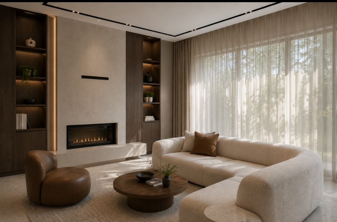 Lounge concept with fireplace and built-in display shelving