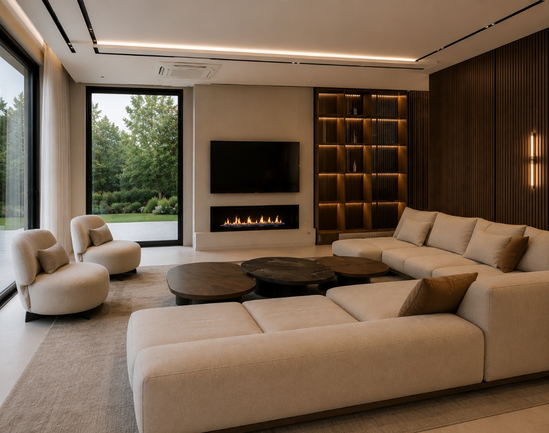 Lounge concept with fireplace, slatted wall, and garden view