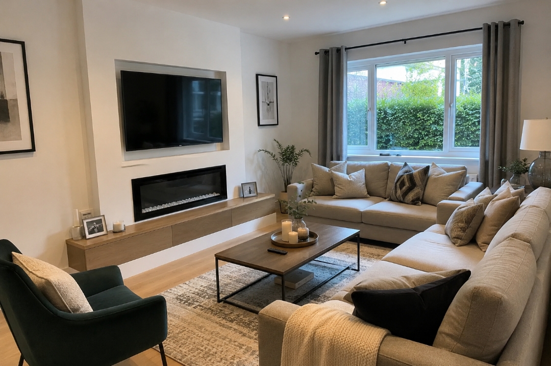 Lounge concept with TV wall and fireplace