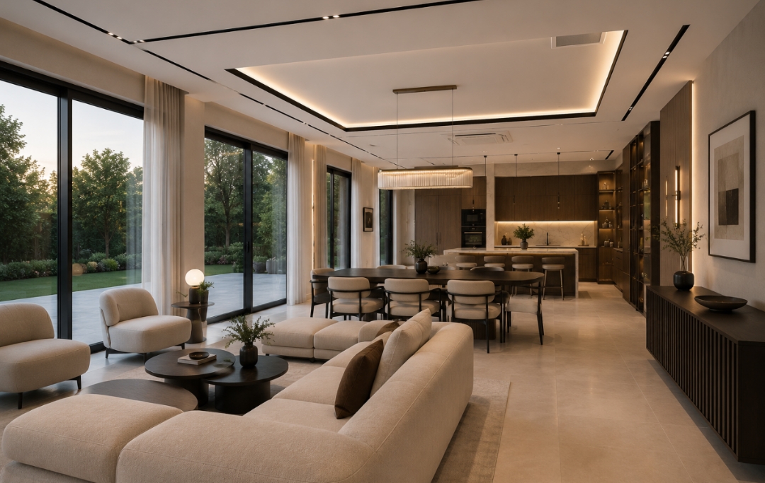 Open-plan concept with lounge, dining, and kitchen zones