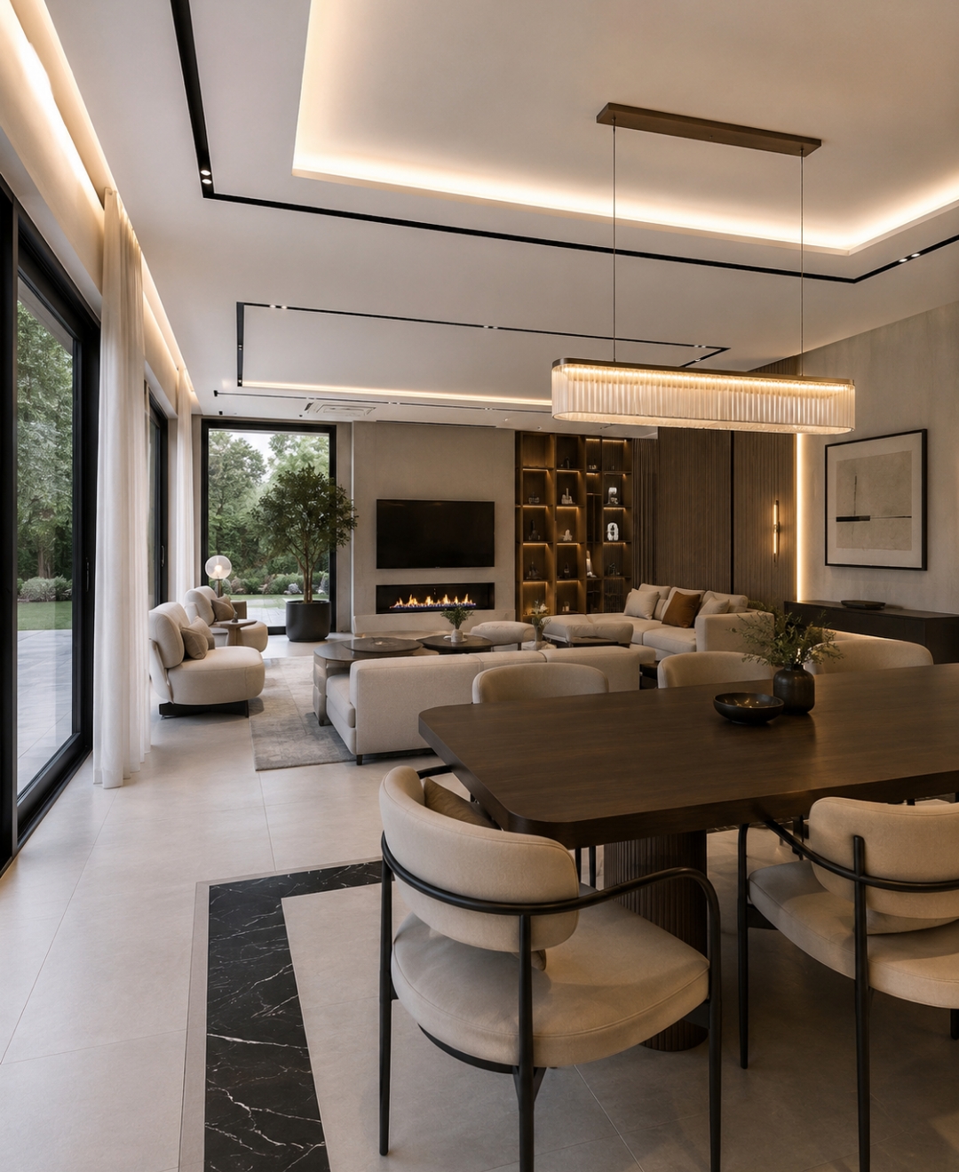 Open-plan dining and lounge concept with cove lighting