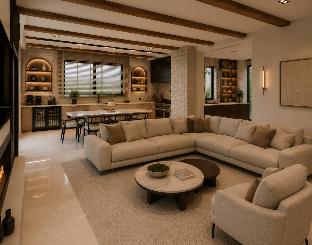 Warm open-plan kitchen and lounge concept