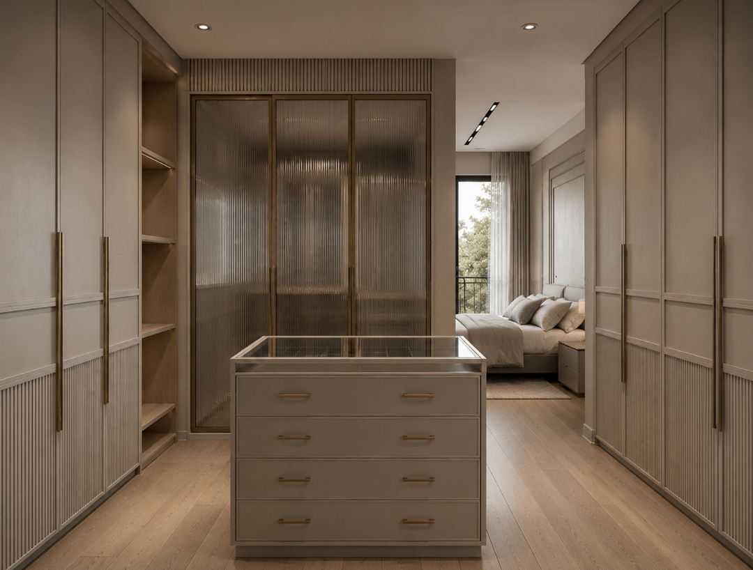 Walk-in wardrobe concept with glass-front storage and central drawer island