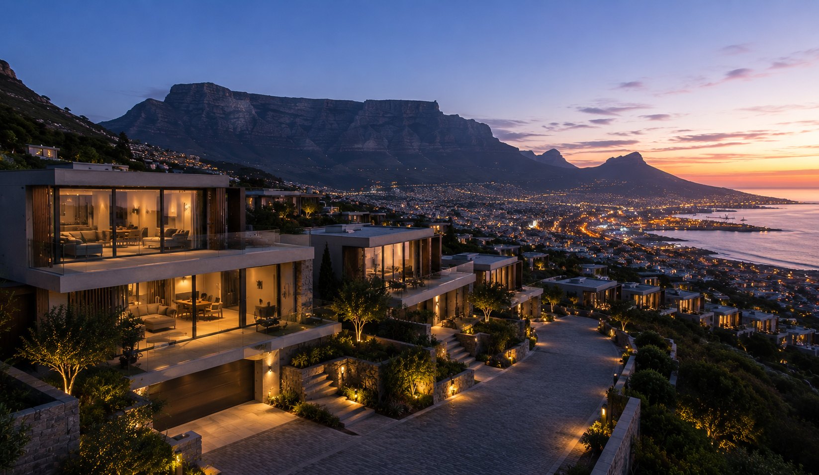 Luxury homes overlooking Cape Town at dusk