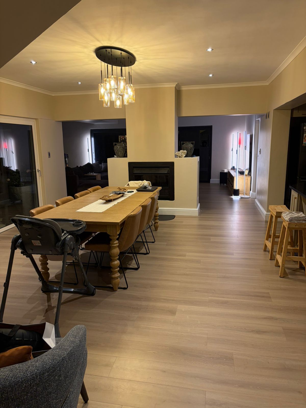 Open-plan dining and lounge area after renovation