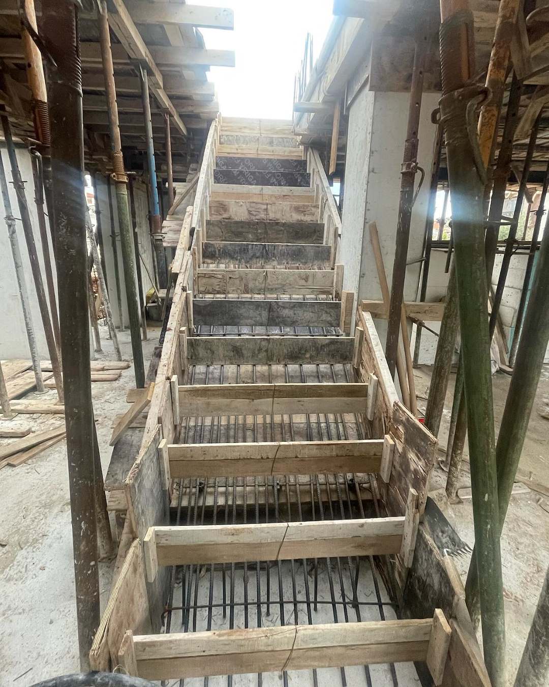 Concrete stair formwork with reinforcement bars before pour