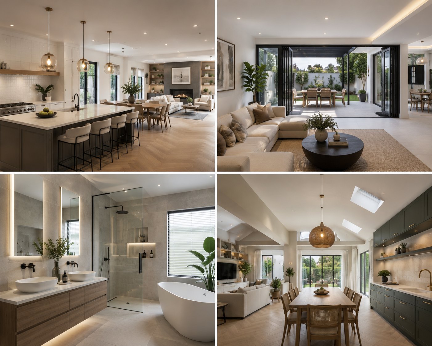Renovated kitchen, living, and bathroom interiors