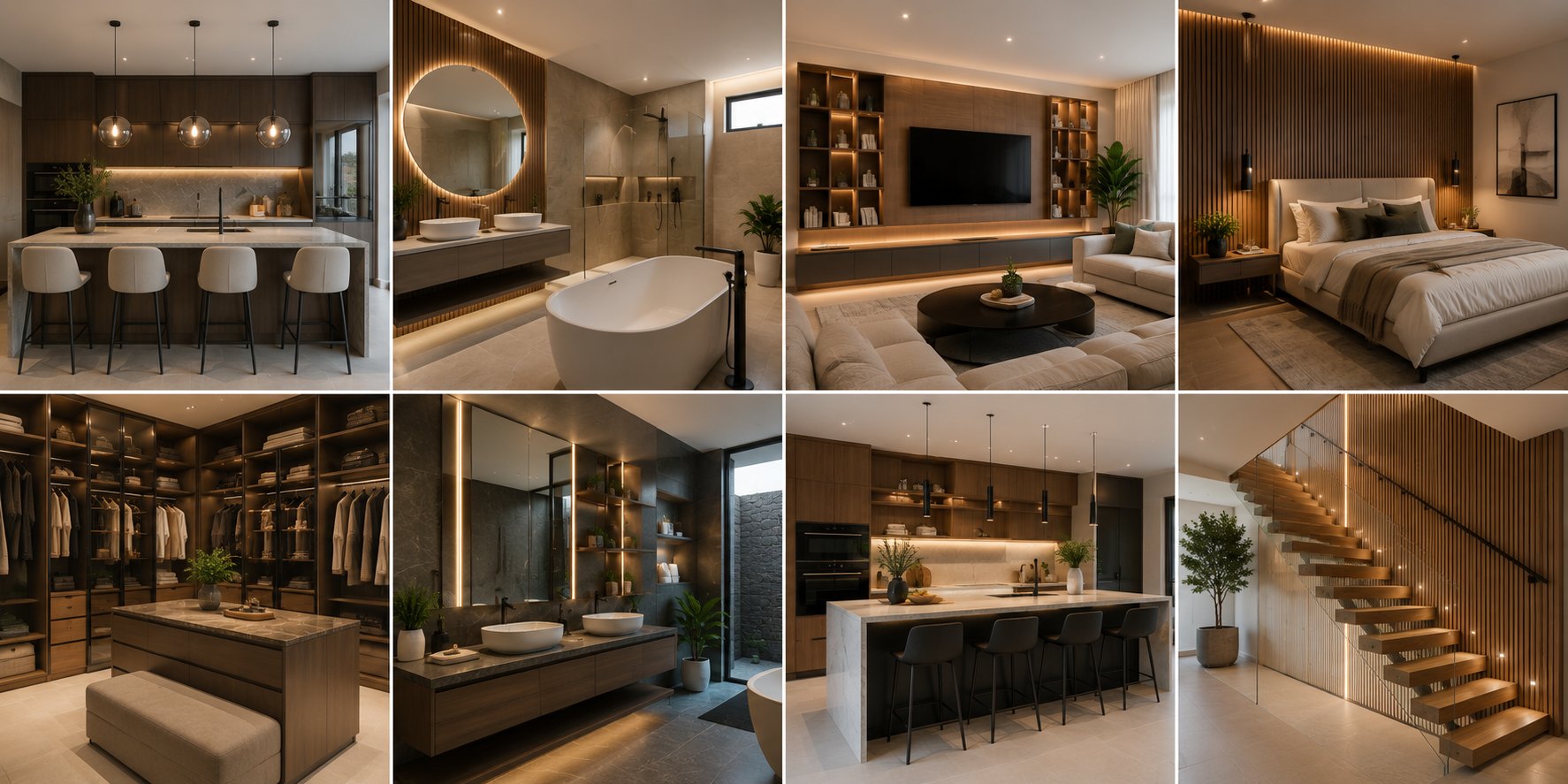 Detailed interior finishes, joinery, and bathrooms